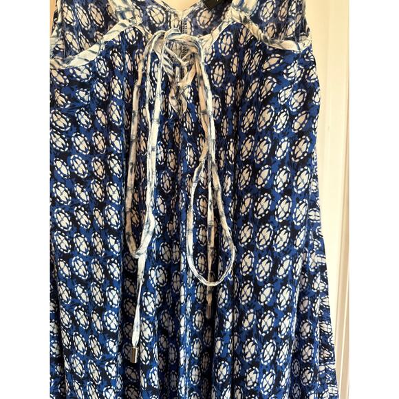 Ashley Stewart Handkerchief-Hem Drapey Boho Midi Dress Blue & White 10 - Picture 3 of 7